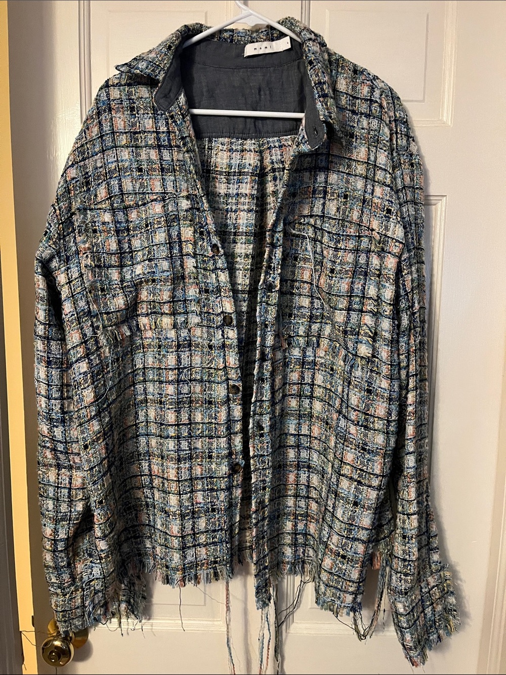 MNML Blue and Cream Tweed Plaid Shacket Jacket with Subtle Fray